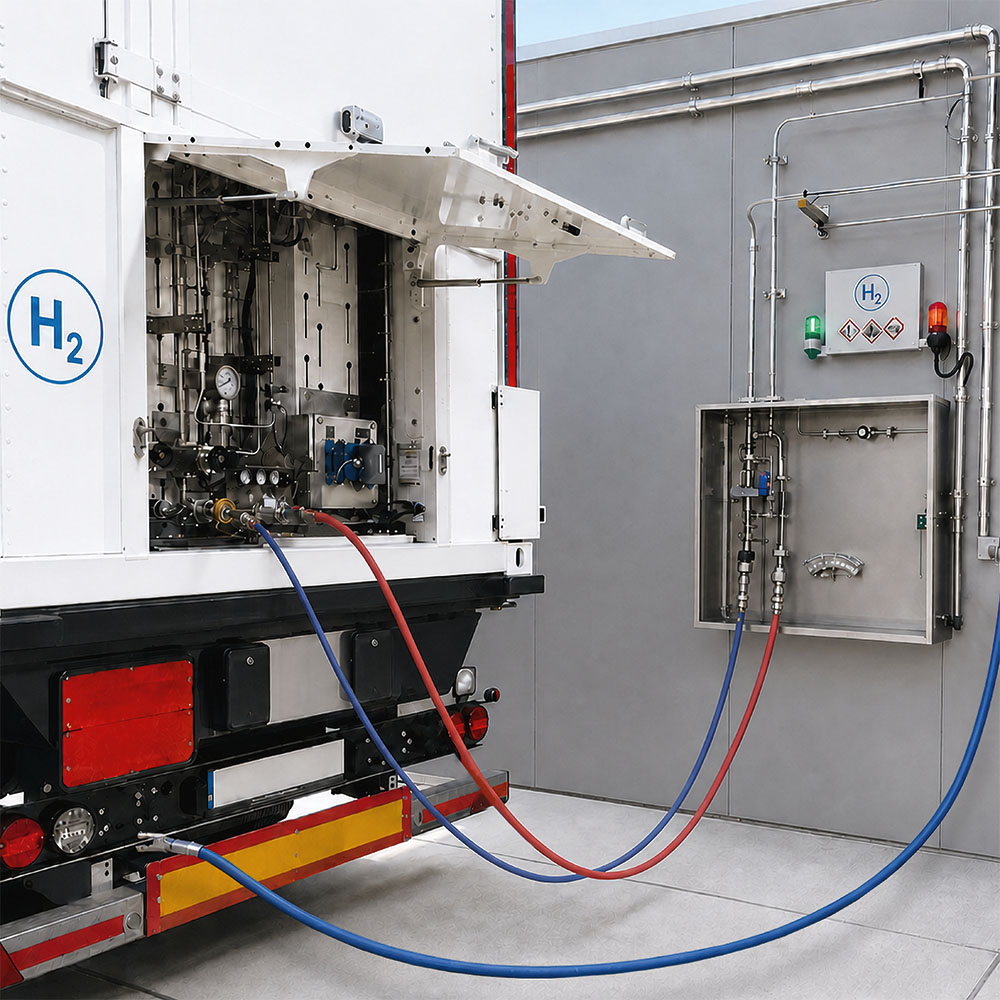 A hydrogen-powered lorry is connected to a hydrogen refuelling station by two hoses.