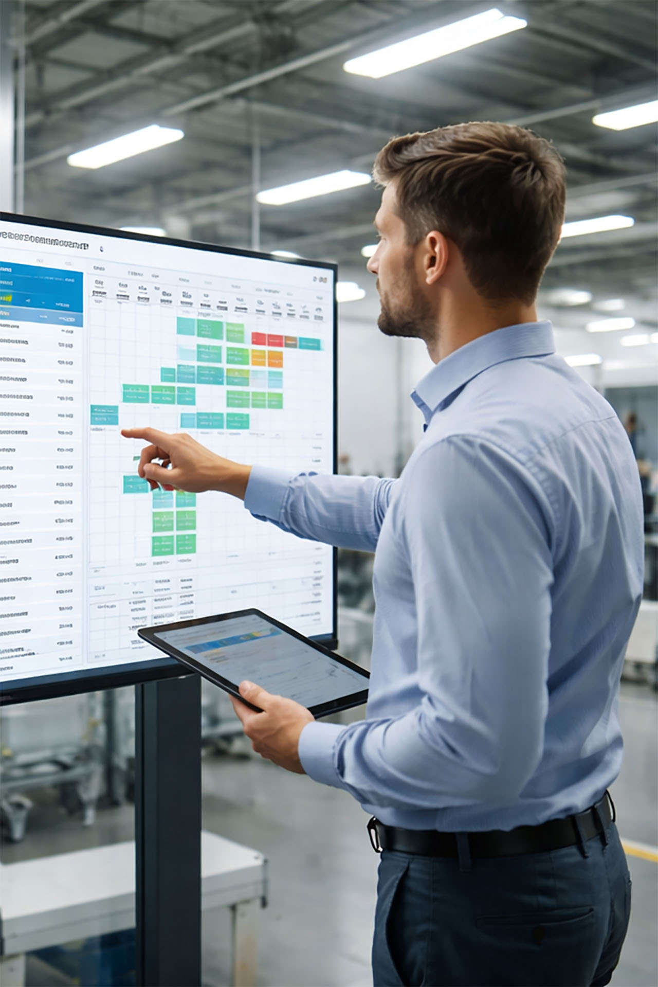 Employee analyses production planning on large display with tablet.