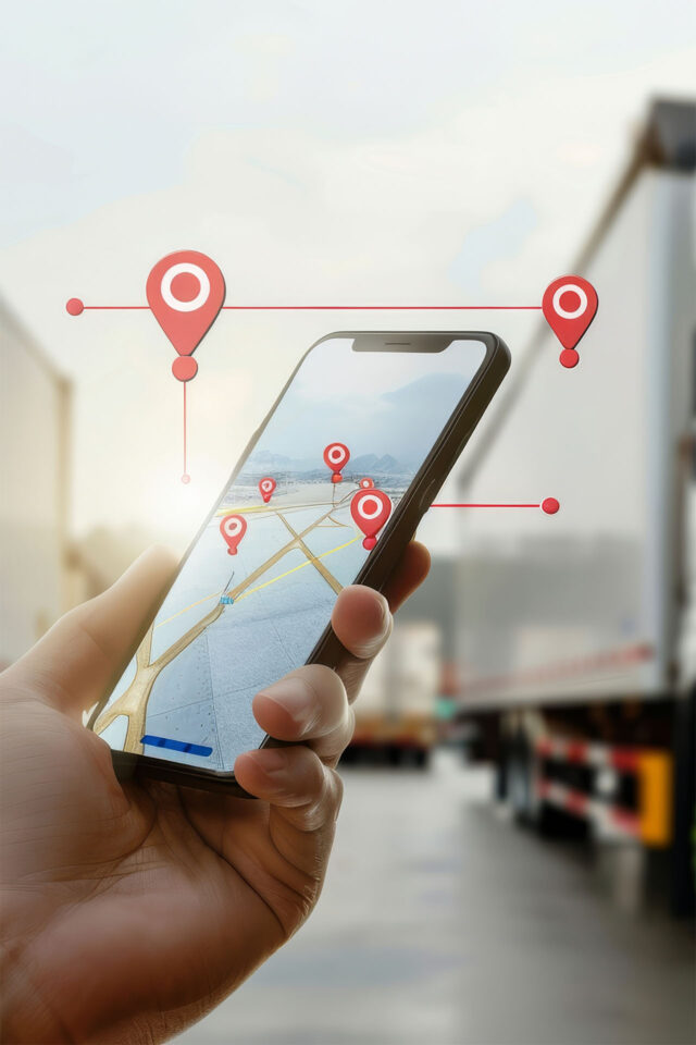 A hand holds a smartphone displaying a map with location markers for tracking transports in a logistics environment.