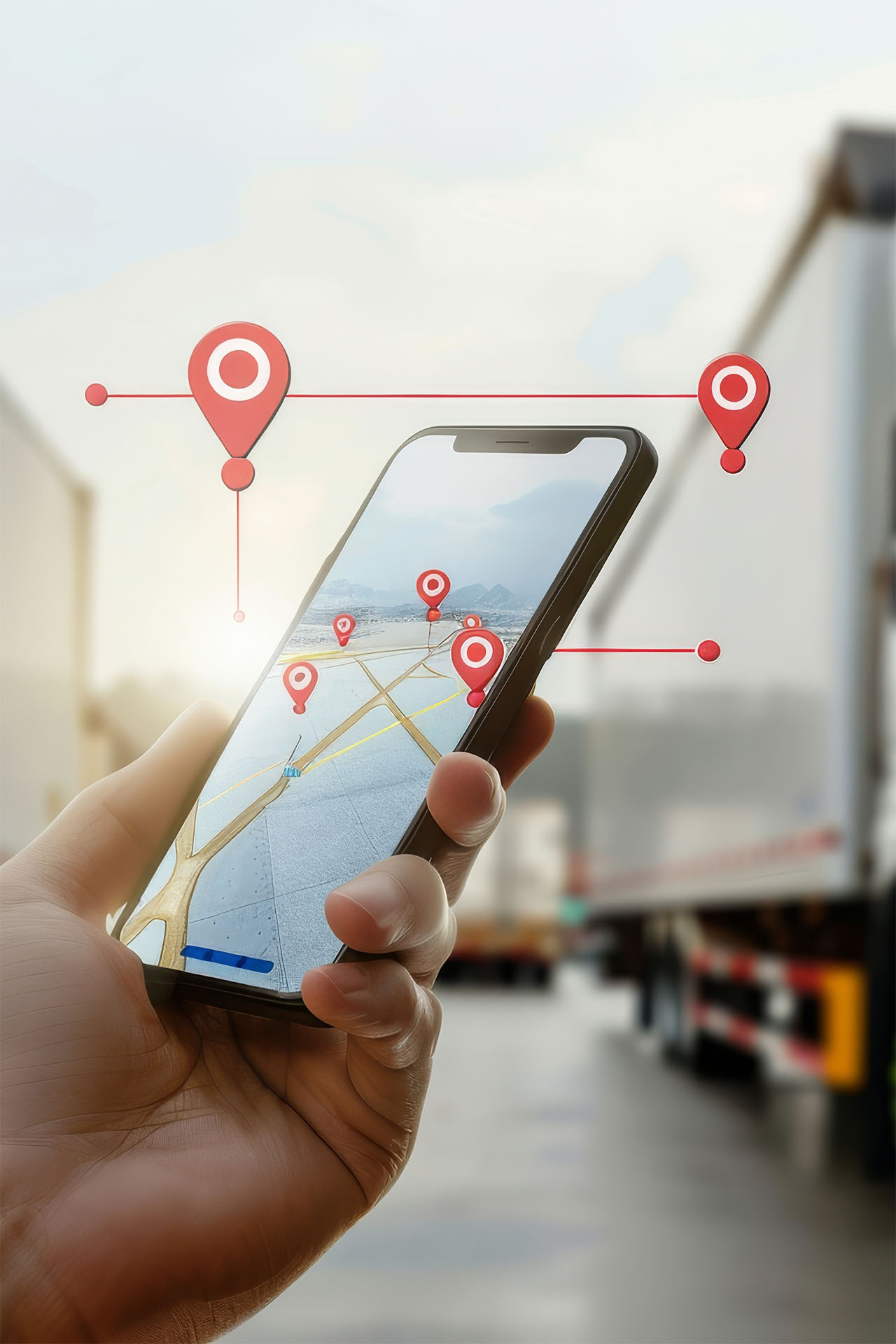 A hand holds a smartphone displaying a map with location markers for tracking transports in a logistics environment.