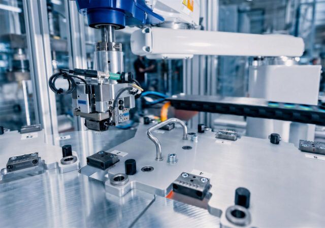 Robot gripper system above a fixture in an automated manufacturing cell.