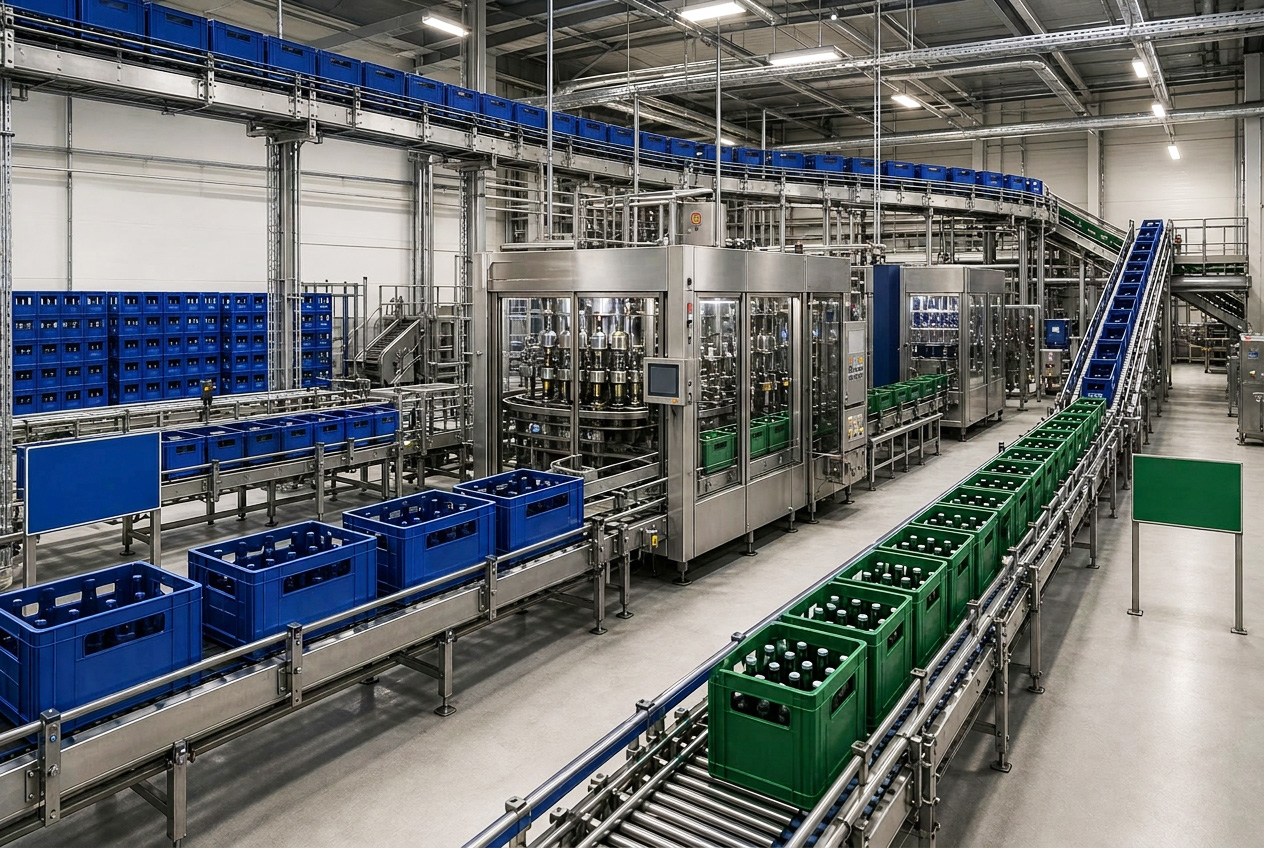 Conveyor technology for empty and full crates with hygienic design and easy-to-clean components for the food industry.