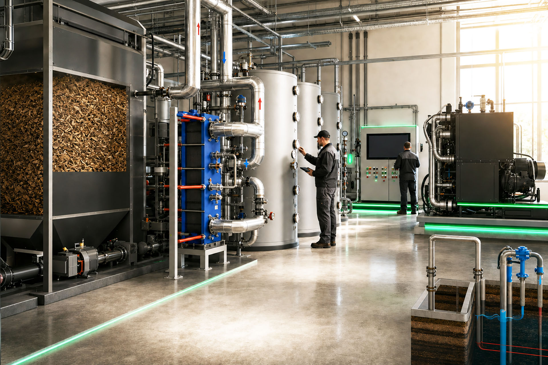 Modern energy centre with heat recovery and intelligent process control.